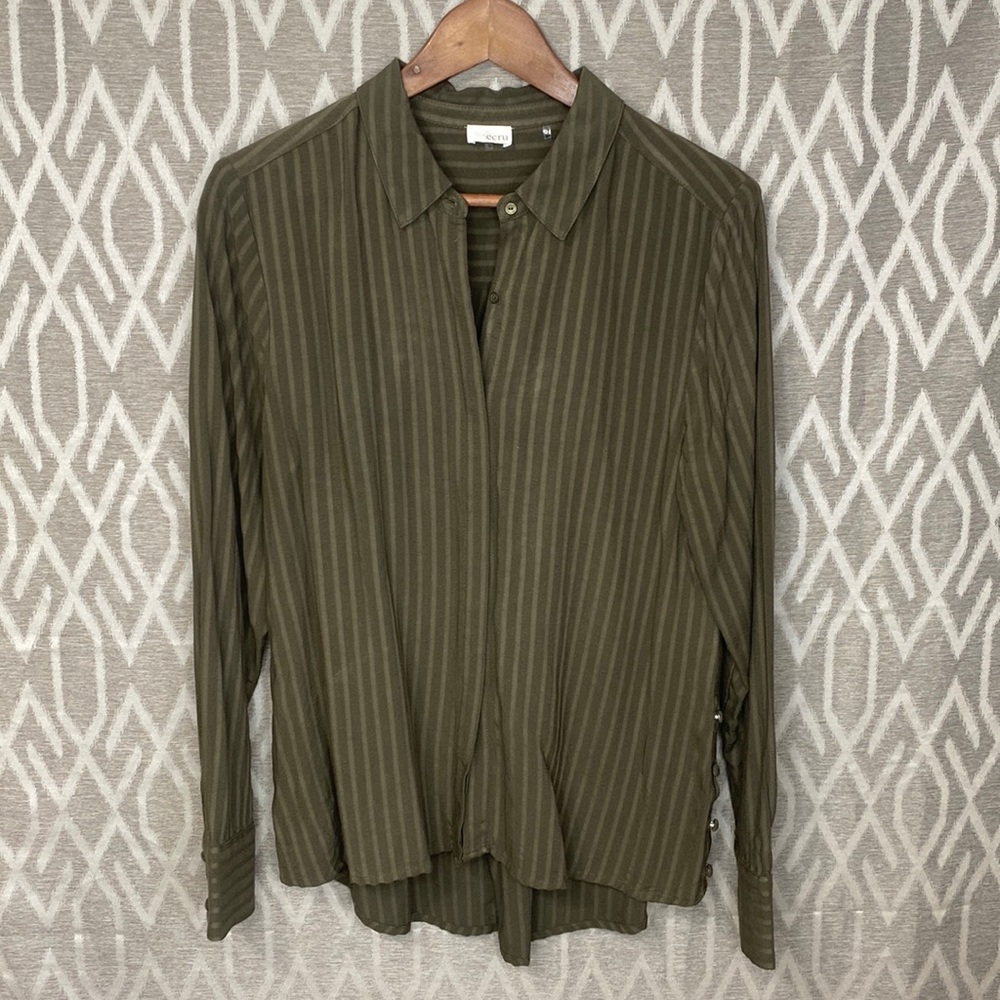 Ecru Army Green Button Down Top Pinstripe w/ Fabric Covered Buttons M